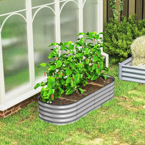 Outsunny Galvanised Raised Garden Bed, Metal Planter Box with Safety Edging, for Flowers, Herbs, Succulents, Silver - 9