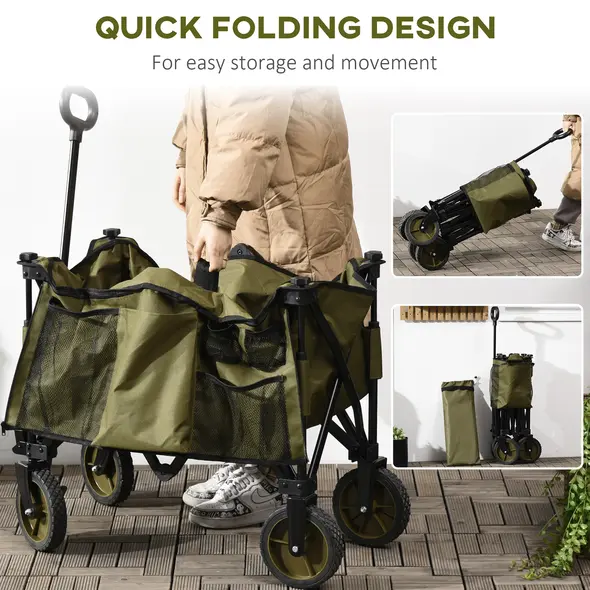 Outsunny Folding Garden Trolley, Cargo Trailer on Wheels, Collapsible Camping Trolley with Folding Board, Outdoor Utility Wagon with Steel Frame and Oxford Fabric, Green - 5