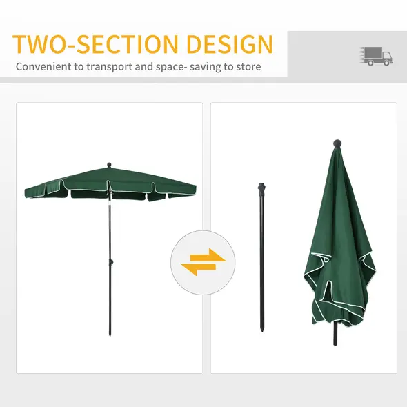 Outsunny Garden Parasol Umbrella, Outdoor Market Table Umbrella with Ruffles & Aluminium Pole, Rectangular Tilting Parasol Sun Shade Canopy, 2 x 1.3m, Green - 5