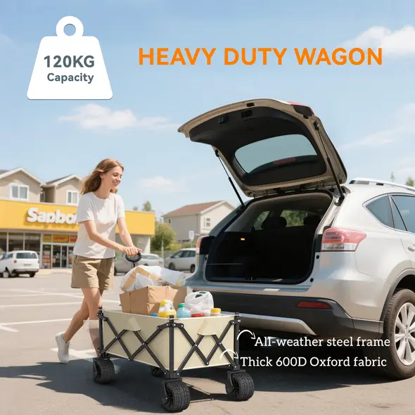 Outsunny Folding Garden Trolley, Outdoor Wagon Cart with Carry Bag, for Beach, Camping, Festival, 120KG Capacity, Khaki - 6