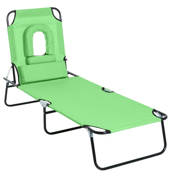 Outsunny Folding Sun Lounger with Face Hole, 4-Position Adjustable Backrest Garden Recliner Chair Sunbed, Outdoor Lounge Chair with 600 D Oxford Cloth Seat, Pillow for Beach, Green - 1