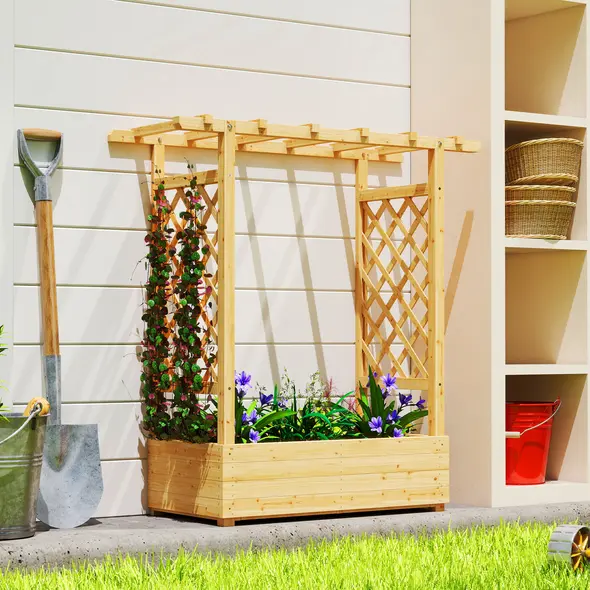 Outsunny Garden Planter with Trellis, Wooden Raised Bed for Garden with Hanging Roof and Drainage Holes, Outdoor Trellis Planter Box for Vegetables, Herbs and Flowers, 110 x 44 x 113 cm, Natural - 2