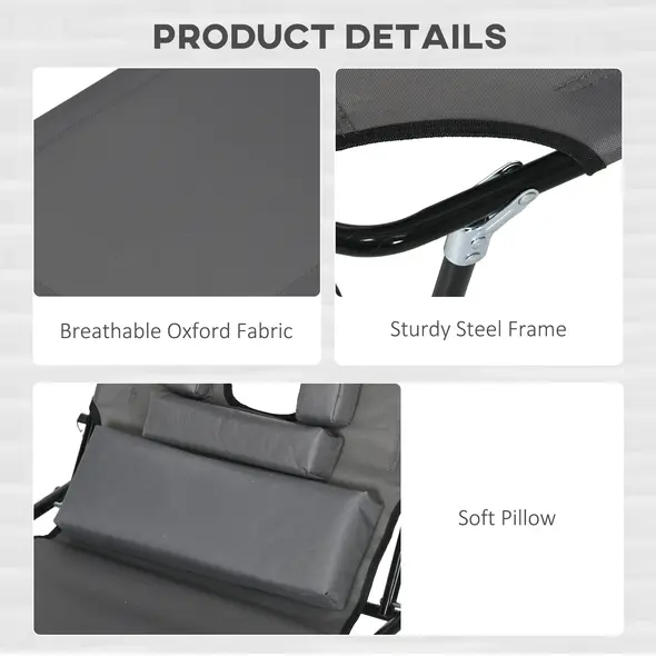 Outsunny Folding Sun Loungers Set of 2 with Face Hole, 4-Position Adjustable Backrest Garden Recliner Chairs Sunbeds, Outdoor Lounge Chairs with 600 D Oxford Cloth Seat, Pillow for Beach, Dark Grey - 6