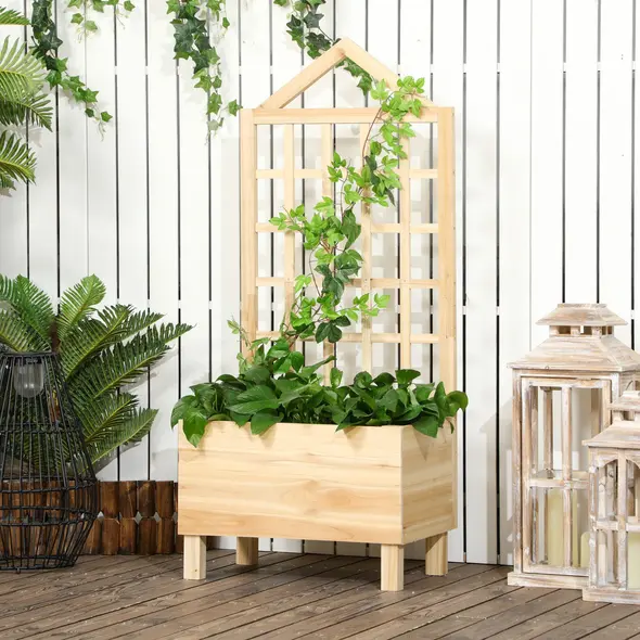 Outsunny Garden Planters with Trellis for Vine Climbing, Distressed Wooden Raised Beds, 90x43x150cm, Natural Tone - 2