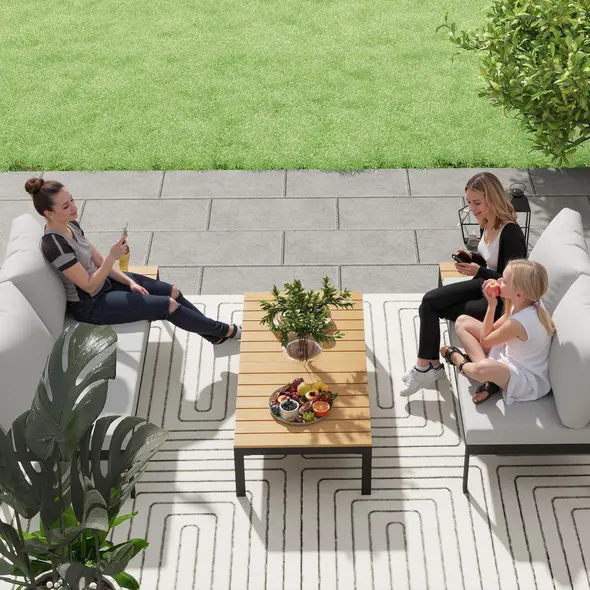 Outsunny Four-Piece Garden Corner Sofa Set with 2 Loveseats and 2 Coffee Tables - Teak - 8