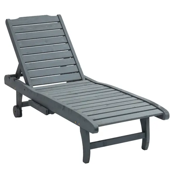 Outsunny Garden Patio Sun Lounger, Outdoor Wooden Sun Bed with Built-In Table, Reclining Backrest and Rolling Wheels for Sunbathing, Grey - 1