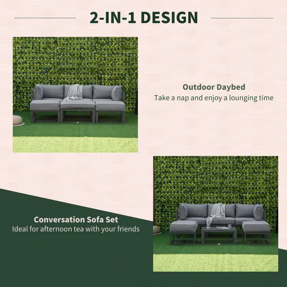 Outsunny Garden Daybed, 6 Piece Outdoor Sectional Sofa Set, Aluminum Patio Conversation Furniture Set with Coffee Table, Footstool and Cushions, Grey - 4