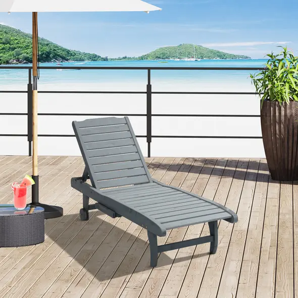 Outsunny Garden Patio Sun Lounger, Outdoor Wooden Sun Bed with Built-In Table, Reclining Backrest and Rolling Wheels for Sunbathing, Grey - 2