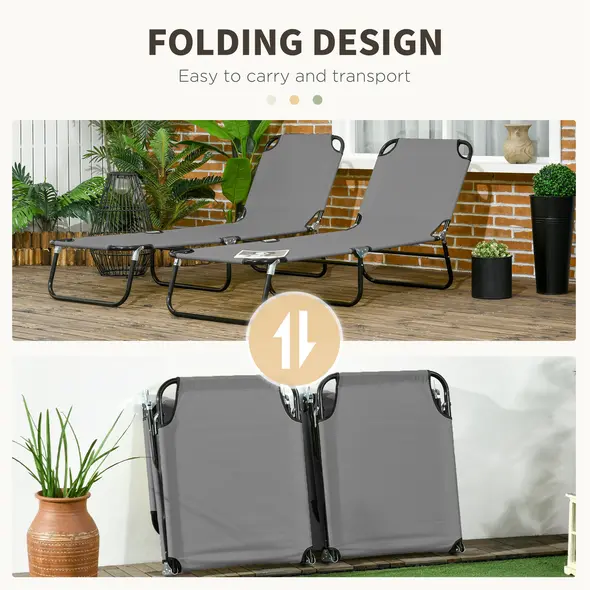 Outsunny Folding Sun Loungers Set of 2, Outdoor Day Bed with 5-Position Adjustable Backrest, Portable Recliner Garden Chairs with Breathable Mesh for Beach, Patio, Dark Grey - 5