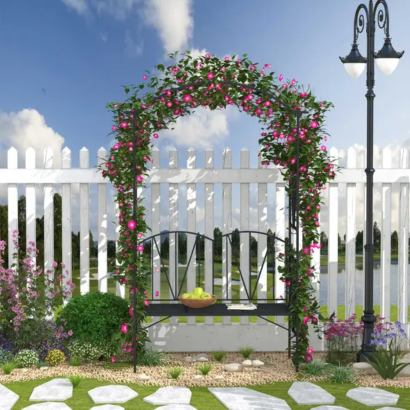 Outsunny Garden Bench, 2 Seater Outdoor Patio Bench, Metal Garden Loveseat with Arch for Vines and Climbing Plants, Black - 2