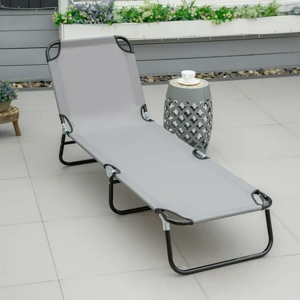 Outsunny Foldable Sun Lounger with 5-Position Adjustable Backrest, Outdoor Portable Recliner Chaise Lounge Chair with Breathable Mesh Fabric, Grey - 2