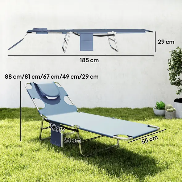 Outsunny Foldable Sun Lounger, Beach Chaise Lounge with Reading Hole, Arm Slots, 5-Position Adjustable Backrest, Side Pocket, Pillow for Garden, Beach, Pool, Grey - 3