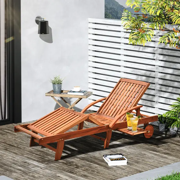 Outsunny Folding Wooden Sun Lounger, 4-Level Adjustable Garden Lounger Recliner with Side Tray and Wheels, Outdoor Reclining Sunbed with Slatted Seat and Armrests for Patio, Terrace, Teak - 2