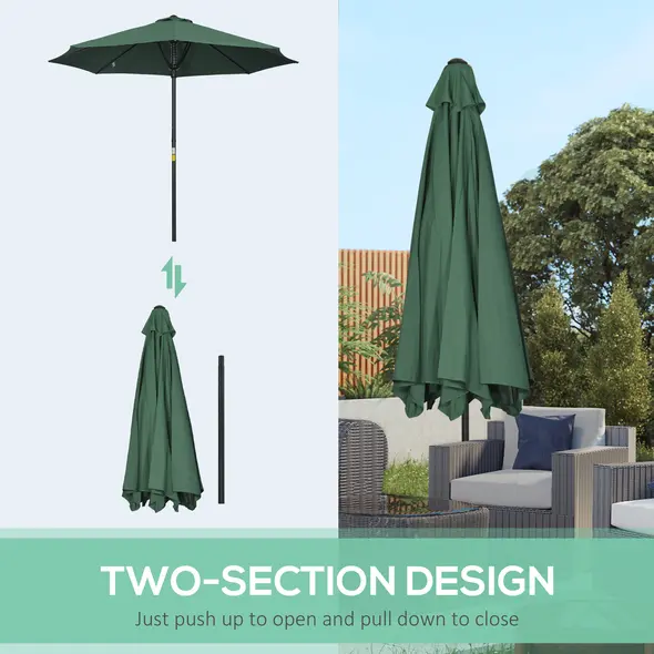 Outsunny Garden 3 m Parasol Umbrella, Outdoor Market Table Umbrella Sun Shade Canopy with 8 Ribs, Easy Push to Open, Green - 7