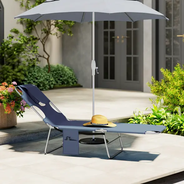 Outsunny Foldable Sun Lounger, Beach Chaise Lounge with Reading Hole, Arm Slots, 5-Position Adjustable Backrest, Side Pocket, Pillow for Garden, Beach, Pool, Grey - 9