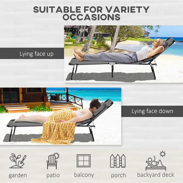 Outsunny Folding Sun Loungers Set of 2 with Face Hole, 4-Position Adjustable Backrest Garden Recliner Chairs Sunbeds, Outdoor Lounge Chairs with 600 D Oxford Cloth Seat, Pillow for Beach, Dark Grey - 5