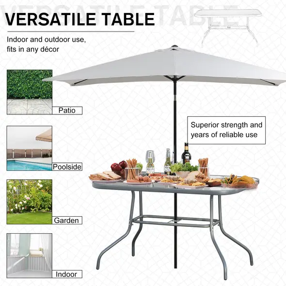 Outsunny Garden Dining Table Glass Top Metal Frame with Parasol Hole Outdoor Balcony Grey 140L x 80Wcm - 4