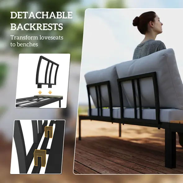 Outsunny Four-Piece Garden Corner Sofa Set with 2 Loveseats and 2 Coffee Tables - Teak - 5