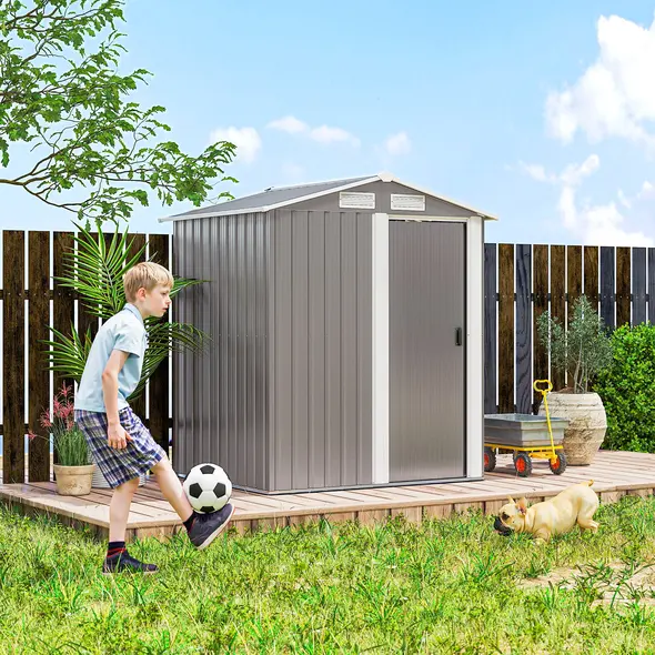 Outsunny Garden Metal Tool Storage Shed with Sliding Door, Sloped Roof and Foundation Kit, 152 x 132 x 188cm, Grey - 8