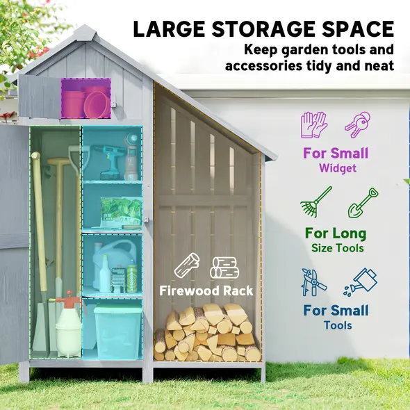 Outsunny Garden Outdoor Storage Shed 3 Shelves Tilt Roof w/ Firewood Rack Log Carrier, 129L x 51.5W x 180H cm - 4