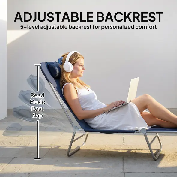 Outsunny Folding Sun Lounger with Head Pillow - Dark Blue - 4