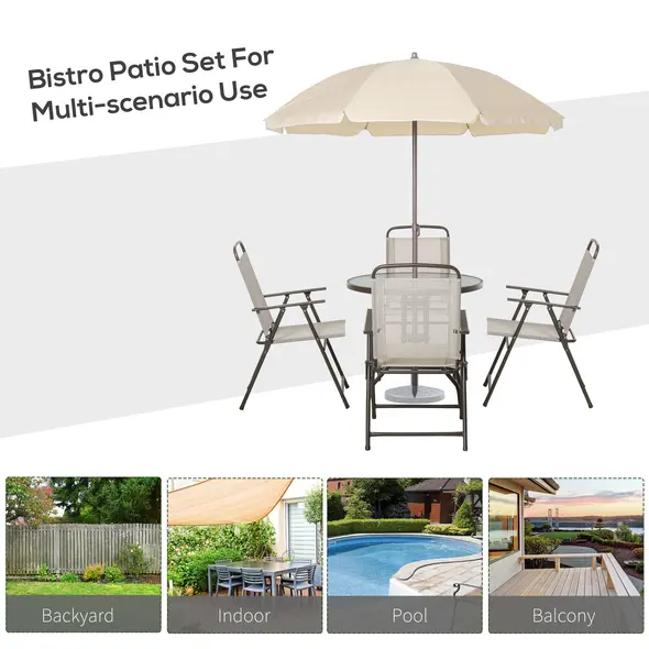 Outsunny Garden Patio Texteline Folding Chairs Plus Table and Parasol Furniture Bistro Set 6 Pieces - Coffee/Cream - 7