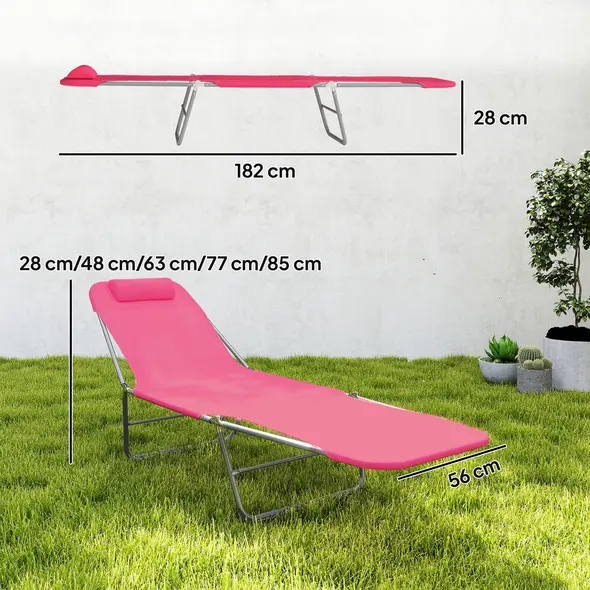 Outsunny Folding Sun Lounger with Head Pillow - Pink - 3