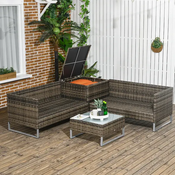 Outsunny Four-Piece Rattan Sofa Set, with Storage Table - Orange/Brown - 8