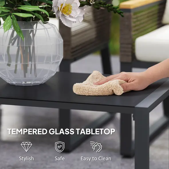 Outsunny Four Piece Wicker Rope Garden Furniture Set with Glass Top Coffee Table - Grey - 7