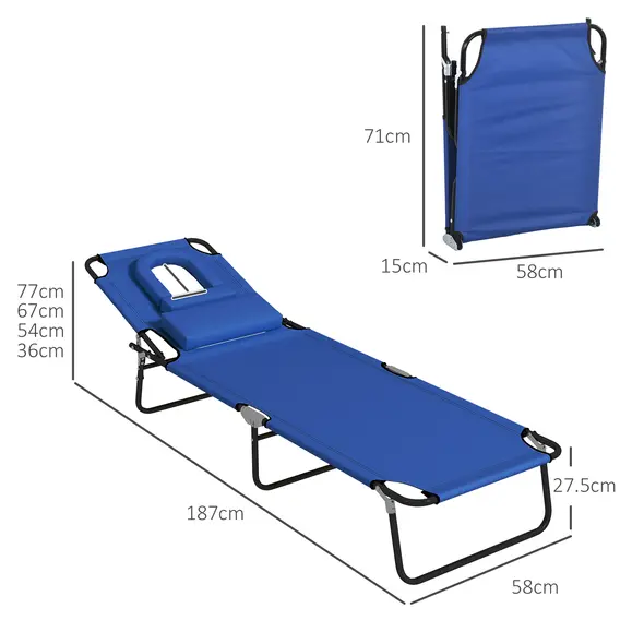Outsunny Folding Sun Loungers Set of 2 with Face Hole, 4-Position Adjustable Backrest Garden Recliner Chairs Sunbeds, Outdoor Lounge Chairs with 600 D Oxford Cloth Seat, Pillow for Beach, Blue - 3