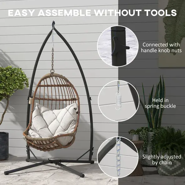 Outsunny Hammock Chair Stand Only, Hanging Chair Stand with X-Shape Base, Heavy Duty Steel Single Hammock Egg Swing Frame for Indoor Outdoor, 150 KG Load Capacity Black - 8