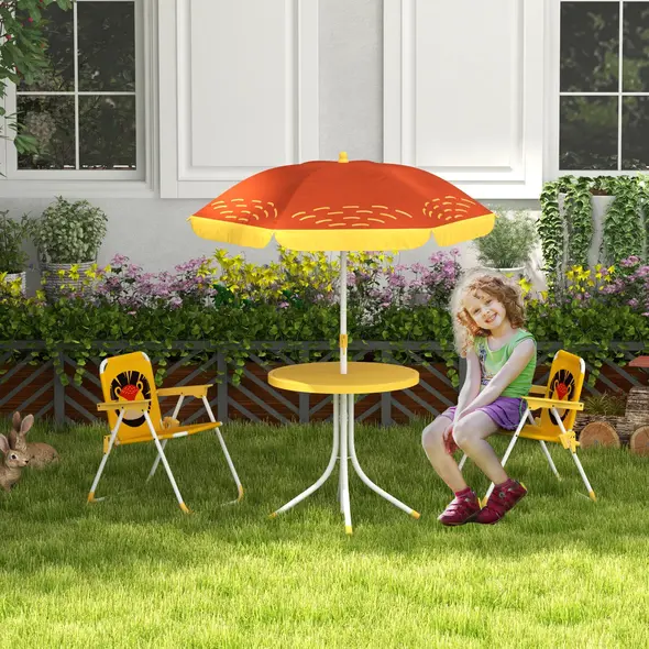 Outsunny Kids Picnic Table and Chair Set, Lion Themed Outdoor Garden Furniture w/ Foldable Chairs, Adjustable Parasol - Yellow - 2