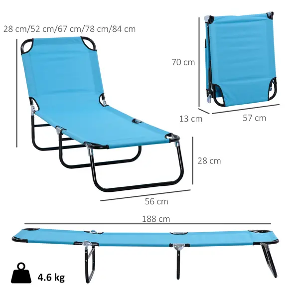 Outsunny Garden Sun Lounger, with Five-Position Back - Light Blue - 3