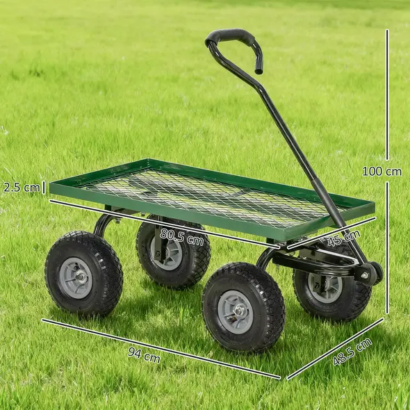 Outsunny Garden Trolley Cart, Heavy Duty Garden Cart with Metal Frame, 10" Pneumatic Wheels, Rotating Handle, 150kg Capacity, for Garden, Farm, Green - 3