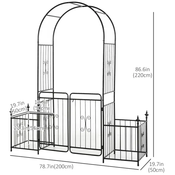 Outsunny Metal Garden Arbor Arch with Double Doors, 2 Side Planter Baskets, Climbing Vine Frame, Black - 3