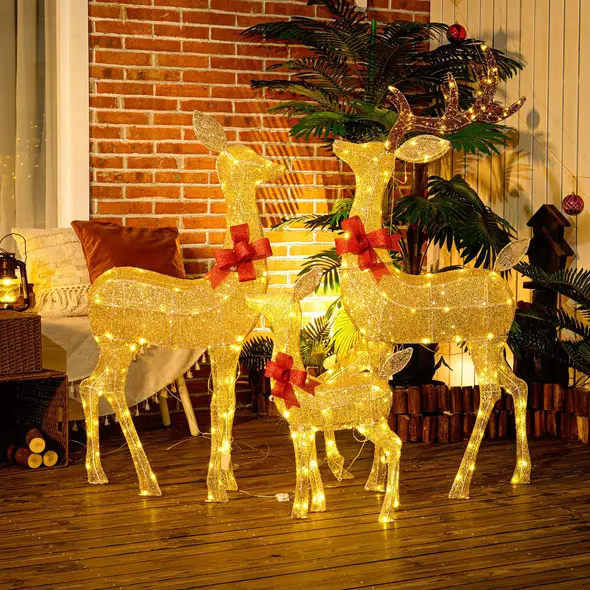 Outsunny Lighted Reindeer Christmas Decorations Outdoor, 3-Piece Light Up Deer Family Set of 3 with 283 LED Lights for Indoor, Lawn, Garden, Gold Tone - 9