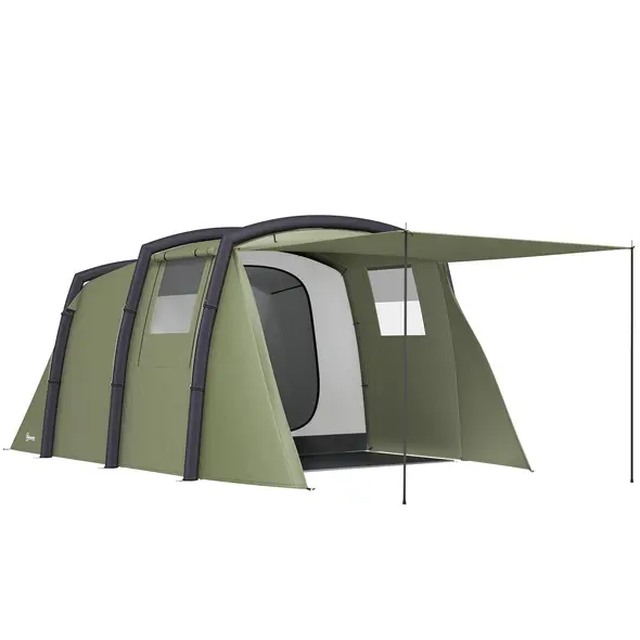 Outsunny Inflatable 3-4 Man Tunnel Tent w/ Air Pump, Living Area & Vestibule, Waterproof Family Camping Air Tent w/ Sewn In Groundsheet & Removable Footprint for Camping, Hiking, Olive Green - 1