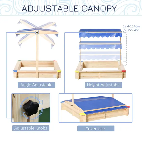 Outsunny Kids Wooden Sand Pit Sandbox Children Square Outdoor Playset Adjustable Canopy Bench Seat 120x120x120cm - 5