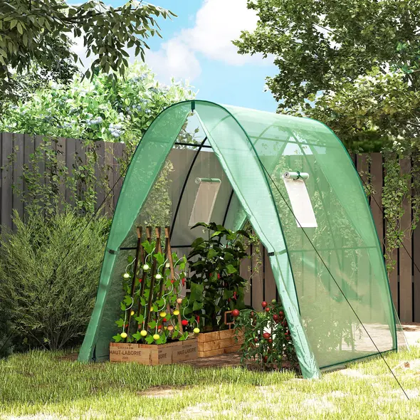 Outsunny Hoop House Greenhouse with Sandbags, Walk-In Tunnel Green House with 2 Doors and Screen Windows, 1.8 x 1.8 x 2m, Green - 2