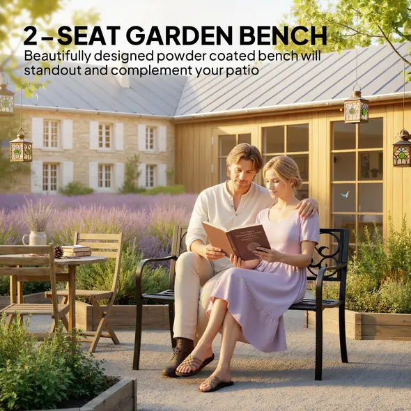 Outsunny Metal Garden Bench with Floral Backrest and Armrests - Black - 4