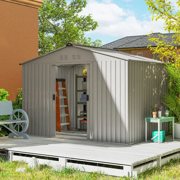 Outsunny Garden Storage Shed, Metal Outdoor Storage Shed House with Foundation Kit, Ventilation, Doors, 9 x 6FT, Grey - 2