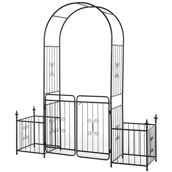 Outsunny Metal Garden Arbor Arch with Double Doors, 2 Side Planter Baskets, Climbing Vine Frame, Black - 1
