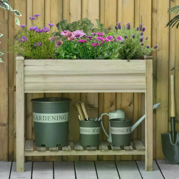 Outsunny Garden Wooden Planters， Raised Garden Bed with Legs and Storage Shelf Elevated Wooden Planter Box - 2