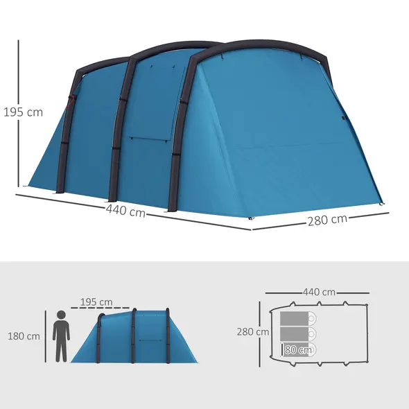 Outsunny Inflatable 3-4 Man Tunnel Tent w/ Air Pump, Living Area & Vestibule, Waterproof Family Camping Air Tent w/ Sewn In Groundsheet & Removable Footprint for Camping, Hiking, Blue - 3
