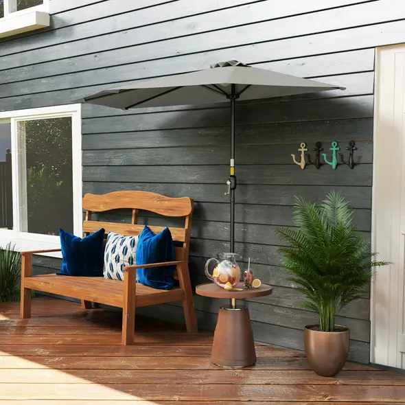 Outsunny Half Round Parasol Umbrella - Light Grey - 9