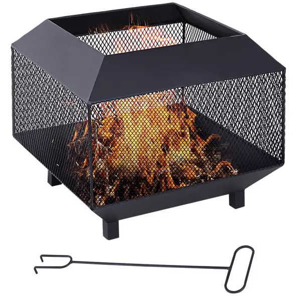 Outsunny Metal Square Fire Pit Outdoor Mesh Firepit Brazier w/ Lid, Log Grate, Poker for Backyard, Camping, Bonfire, Wood Burning Stove, 44 x 44 x 40cm, Black - 1