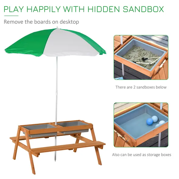 Outsunny Kids Picnic Table with Benches, Wooden Sand and Water Table, Adjustable Parasol, Storage Bins, for Kids 3-6 Years, Brown - 6