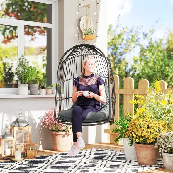 Outsunny Hanging Egg Chair, Foldable Rattan Garden Swing Chair with Installation Kit, Thickened Cushion and Headrest, Indoor Outdoor Hanging Egg Basket Seat for Patio, Porch, Dark Grey - 2