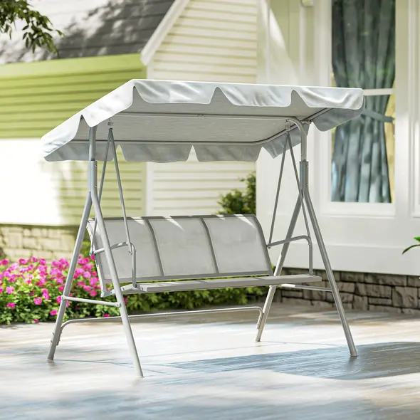Outsunny Metal Garden Swing Chair, 3-Seater Swing Seat, Patio Hammock Bench Canopy Lounger, Light Grey - 9