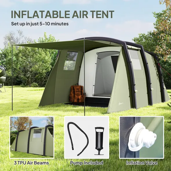 Outsunny Inflatable 3-4 Man Tunnel Tent w/ Air Pump, Living Area & Vestibule, Waterproof Family Camping Air Tent w/ Sewn In Groundsheet & Removable Footprint for Camping, Hiking, Olive Green - 4